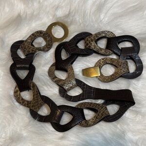 Stretchy Leather Reptile Link Belt with Brass Tone Closure One Size